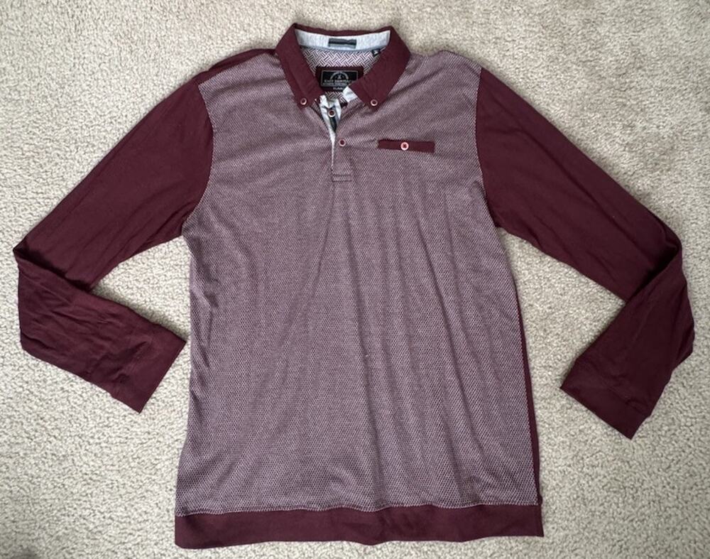 Knit Heritage Mens L Burgundy Long Sleeve Polo Shirt Geometric Print Colorblock